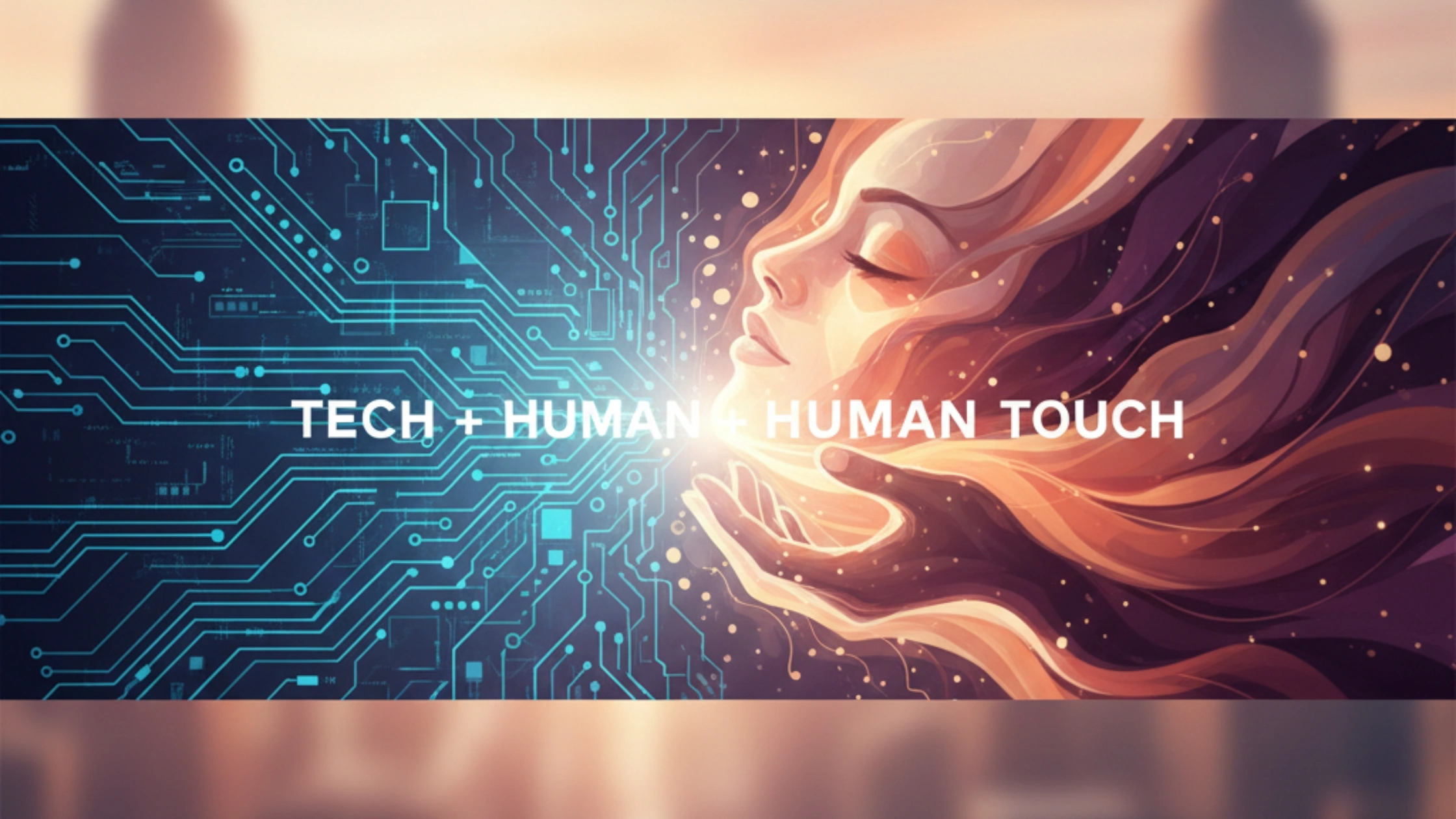 A digital illustration showing a blue circuit board design merging into a woman's face and hands, symbolizing the hybrid model of AI automation with the essential human touch when hiring globally.