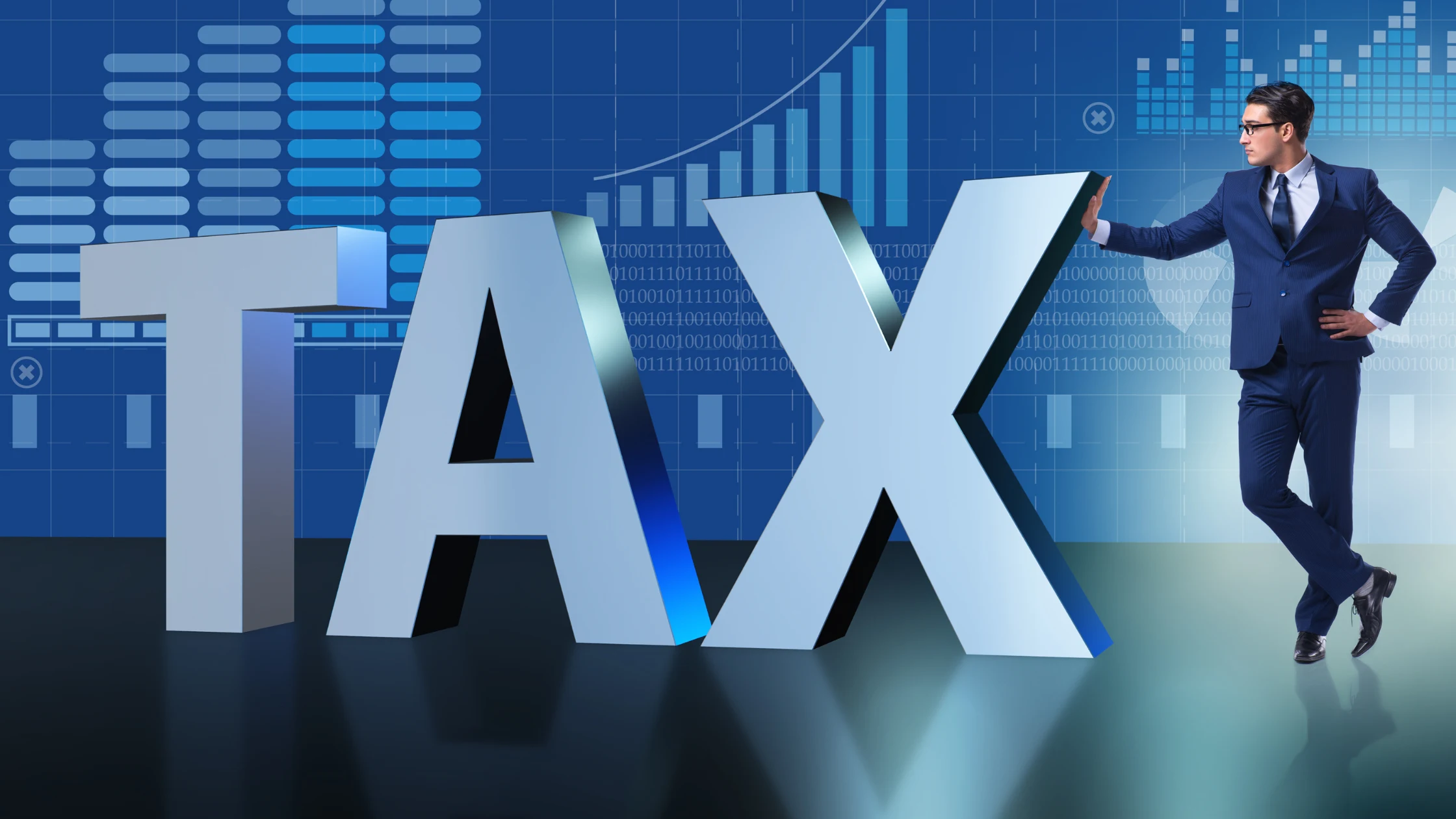 A businessman leaning against large 3D letters spelling TAX with financial data in the background, symbolizing the management of tax obligations under UAE Cabinet Decision No. 129 of 2025.
