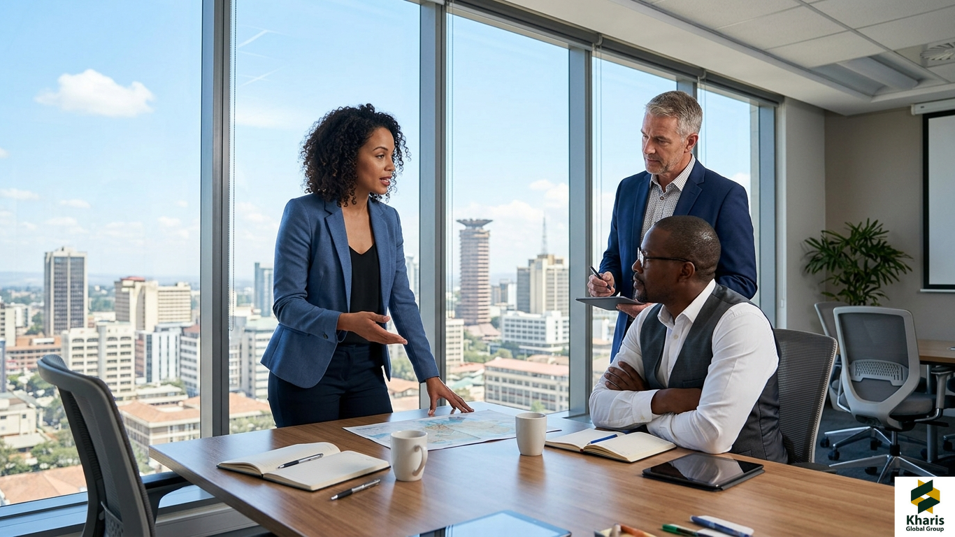 A diverse team of business professionals strategizing in a modern high-rise office overlooking a city skyline, representing a successful Africa Talent Strategy and global expansion.