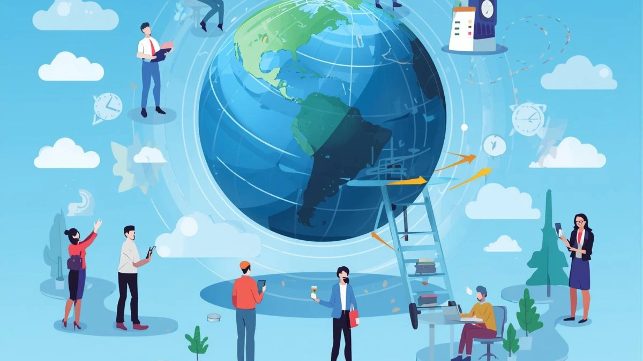 An illustration of professional workers around a large globe, representing the complexities of global payroll and how an Employer of Record (EOR) simplifies managing international teams.