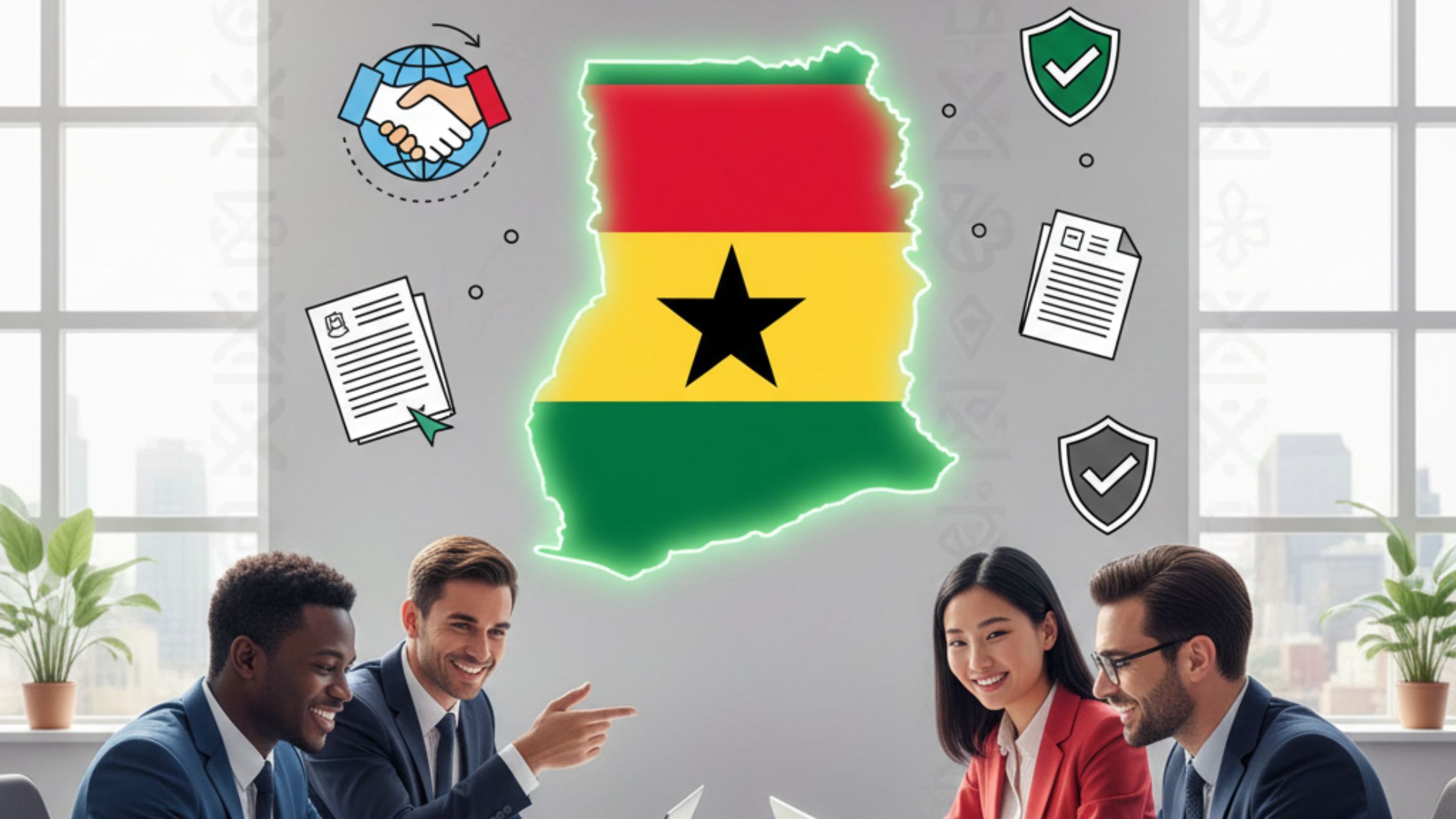 A professional team collaborating in a modern office setting featuring an illuminated map of Ghana, demonstrating how businesses can hire employees in Ghana without a legal entity through Employer of Record (EOR) services.