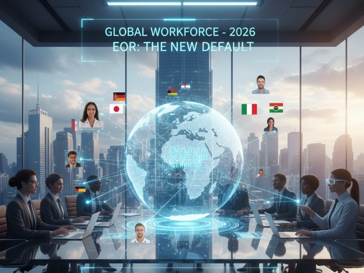A global business team in a modern boardroom collaborating around a holographic globe representing Employer of Record services (EOR) for hiring a diverse global workforce in 2026.
