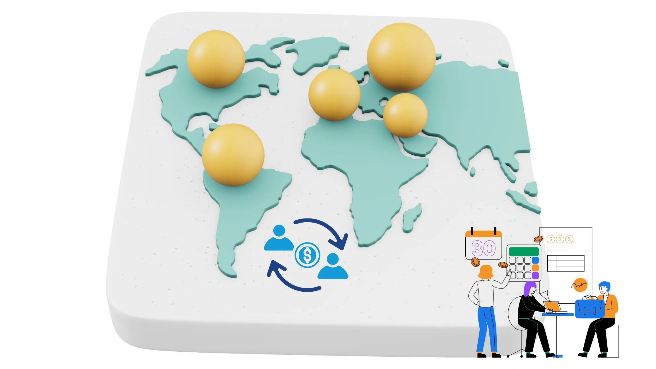 A conceptual illustration of global financial connectivity and administrative tasks managed efficiently by SME-friendly EOR services in Ghana.